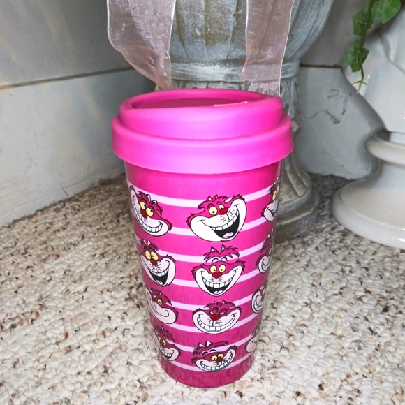 Disney Store Rare Fuschia/Pink Cheshire Cat Porcelain Travel Mug - Picture 1 of 7
